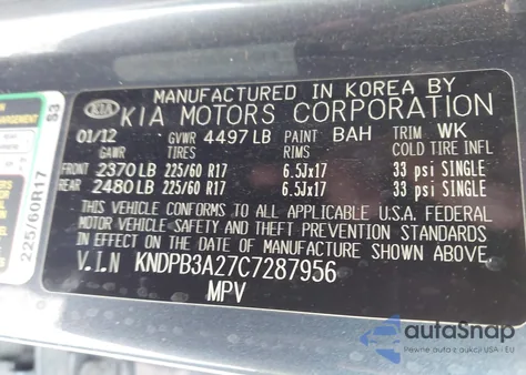 2012 Kia Sportage Lx z USA, uszkodzony, nr VIN KNDPB3A27C7287956